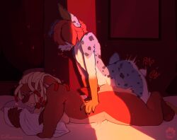 absurd_res anthro anthro_on_anthro anthro_penetrated anthro_penetrating anthro_penetrating_anthro ass australian_shepherd ball_slap bed big_breasts big_butt bodily_fluids breasts brown_body brown_fur canid canine canis clenched_teeth coffaebeans domestic_dog dreadlocks duo female from_behind_position fur furniture grey_body grey_fur hair hair_over_eyes herding_dog hi_res hug hugging_object hugging_pillow lagomorph larger_female larger_penetrated leporid lying male male/female mammal nude nude_anthro nude_female on_bed on_front pastoral_dog penetration pillow plap prone_bone_position rabbit red_hair sex sheepdog size_difference slap smaller_male speed_bump_position sweat teeth