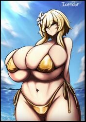 1girls arms_behind_head artist_name beach bikini breasts cowboy_shot curvy expressionless female female_only genshin_impact gigantic_breasts gold_bikini icendor light-skinned_female lumine_(genshin_impact) micro_bikini side-tie_bikini side-tie_bikini_bottom skindentation solo standing sunlight thick_thighs wide_hips