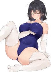arm_under_breasts black_hair blue_one-piece_swimsuit blush breasts cameltoe closed_mouth collarbone commentary covered_navel elbow_gloves female gloves hair_between_eyes highres large_breasts long_hair looking_at_viewer one-piece_swimsuit original plump shinonon_(iso_shino) simple_background sitting solo swimsuit thick_thighs thighhighs thighs toes white_background white_gloves white_thighhighs yellow_eye