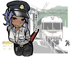 blue_eyes blue_hair blush conductor conductor_hat conductor_uniform female female_only fully_clothed hat ikawa_chishiro leaning_forward looking_at_viewer misutatei name_tag ponytail smile solo sweat tetsudou_musume train train_station uniform whistle whistle_around_neck