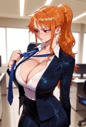 1girls ai_generated arm_behind_back artist_name balecxi black_jacket black_pants black_suit blue_necktie blurry_background blush breasts brown_eyes buttoned_cuffs chair cleavage closed_mouth clothing collarbone collared_shirt computer cowboy_shot curvaceous curvaceous_female curvaceous_figure curvy curvy_figure dress_shirt female female_focus female_only formal high-waist_pants huge_breasts indoors jacket large_breasts lips long_hair long_sleeves loose_necktie monitor nami_(one_piece) necktie necktie_grab neckwear_grab office office_chair office_lady one_piece open_clothes open_jacket open_shirt orange_hair pants partially_unbuttoned patreon_logo patreon_username ponytail presenting presenting_breasts presenting_self shirt shirt_tucked_in sidelocks solo suit swivel_chair unbuttoned voluptuous voluptuous_female web_address white_shirt window wing_collar
