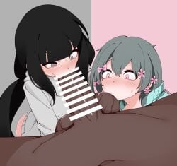2girls aqua_jacket bar_censor black_hair blowjob blunt_bangs censor_bar censored censored_penis cevio clothed dark-skinned_male dark_skin fellatio ffm_threesome grey_background grey_eyes grey_hoodie hair_flower hairbow hood hood_down hoodie inabakumori interracial iyowa_girls kissing kissing_balls kurari-chan_(iyowa) large_penis long_hair mv_character nazunobasho osage-chan pale_skin penis pink_background pink_bow pink_eyes pink_flower pov short_hair simple_background split_theme testicles threesome tongue track_jacket twintails vocaloid