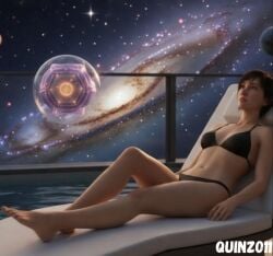 1girls 3d ai ai_art ai_generated artist_logo artist_name belly_button bikini bikini_bottom bikini_top black_bikini black_bikini_bottom black_bikini_top black_hair bluesky_link deck_chair female female_focus female_only lies looking_up metroid metroid_prime metroid_prime_4:_beyond navel nintendo nora_armstrong planets quinzo11 retro_studios self_upload short_hair small_breasts space stars