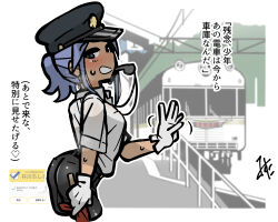 arched_back blue_eyes blue_hair blush breath conductor conductor_hat conductor_uniform female female_only fully_clothed gloves ikawa_chishiro japanese_text looking_at_viewer looking_back misutatei ponytail smile solo steam steaming_body sweat sweating sweaty tetsudou_musume train train_station uniform whistle whistle_around_neck white_gloves