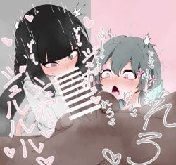 2girls aqua_jacket bar_censor black_hair blowjob blunt_bangs censor_bar censored censored_penis cevio clothed dark-skinned_male dark_skin fellatio ffm_threesome grey_background grey_eyes grey_hoodie hair_flower hairbow heart hood hood_down hoodie inabakumori interracial iyowa_girls japanese_text kurari-chan_(iyowa) large_penis licking licking_balls long_hair motion_lines mv_character nazunobasho osage-chan pale_skin penis pink_background pink_bow pink_eyes pink_flower pov short_hair simple_background split_theme steam testicles threesome tongue track_jacket twintails vocaloid