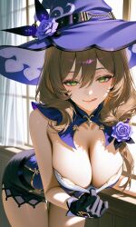 bent over breasts out heavy breathing huge library licking lips milf nipples one breast presenting nipple showing witch hate lisa_(genshin_impact) genshin_impact ai_generated