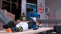 2fort 3d 3d_(artwork) ass ass_focus background big_ass blue_hair bottomless bottomless_female dell_spencer female female_focus female_only half_naked half_nude horizontal_image laying laying_on_stomach looking_at_viewer looking_back mimi_sentry one_eye_closed robot robot_girl robot_humanoid robotic_arm robotic_legs sfm short_hair solo source_filmmaker source_filmmaker_(artwork) team_fortress_2 voluptuous voluptuous_female white_body yellow_eyes