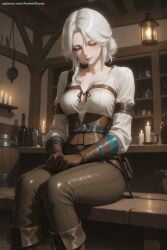 1girl ai_generated boots breasts chair ciri cleavage crossed_legs gloves hi_res high_quality high_resolution indoors leather lips medium_breasts pants patreon seductive sexy silver_hair sitting solo stool the_witcher_(series) uncensored watermark