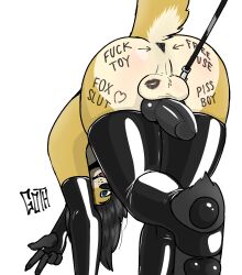 2023 5_fingers all_fours anthro anus ass biped black_anus black_clothing black_footwear black_gloves black_hair black_handwear black_nose black_pawpads black_penis black_socks blue_eyes body_writing canid canine claws clothing digital_drawing_(artwork) digital_media_(artwork) digitigrade directional_arrow eyebrows fangs fingerless_gloves fingers fluffy fluffy_tail footwear fox free_use fur genitals gesture glistening glistening_clothing gloves goth_(artist) hair hand_gesture handwear heart_symbol hi_res humanoid_hands implied_watersports kiss_mark_on_balls knot knotted_penis latex latex_clothing latex_gloves latex_handwear latex_legwear latex_stockings leash leash_pull legwear long_hair looking_at_viewer male mammal multicolored_body open_mouth pawpads penis penis_backwards raised_tail reddened_butt shaded signature simple_background socks solo steven_(goth) stirrup_legwear stockings tail teeth tongue tongue_out two_tone_body v_sign whisker_spots white_background white_body white_fur yellow_body yellow_fur