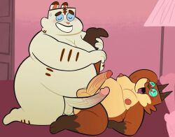 anal anal_sex anthro anukkyt balls big_penis canid canine duo erection felid feline fur genitals hi_res male mammal moobs nipples nonbinary_(lore) nude overweight overweight_anthro pantherine penetration penis rena smile tiger
