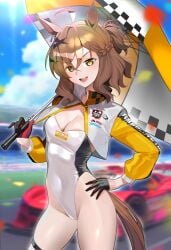 1girls animal_ears blurry_background horse_girl jungle_pocket_(umamusume) race_car racetrack thighs ugohato umamusume umamusume_pretty_derby
