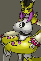 anthro ass belt big_breasts big_butt breasts canastus canine clothing digimon female fox grey_background hi_res lipstick looking_at_viewer mammal mature_female nipples pinup pose priest simple_background solo taomon tattoo wide_hips
