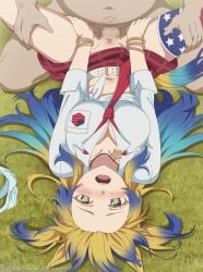 1boy absurdres animal_ears belt blonde_hair blue_hair blush breasts censored cleavage clothed_female_nude_male collarbone commentary_request eufoniuz female gradient_hair highres horse_ears horse_girl horse_tail large_breasts long_sleeves lying miniskirt missionary mosaic_censoring multicolored_hair navel necktie no_panties nude obey_your_master_(umamusume) on_back on_grass open_mouth panties penis plaid_clothes plaid_skirt pussy red_necktie red_skirt sex skirt spread_legs star-shaped_pupils star_(symbol) straight subscribestar_username symbol-shaped_pupils tail teeth umamusume umamusume:_cinderella_gray underwear unworn_panties upper_teeth_only web_address white_belt white_panties