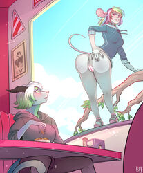 anthro ass bottomless bulge clothed clothing dickgirl dragon duo erection female food futanari hair happylittlecloud horn intersex legs_together looking_at_viewer looking_back mammal mouse multicolored_hair presenting presenting_hindquarters pussy rainbow_hair rodent short_hair skirt skirt_lift smile tongue tongue_out