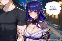 1boy 1girl aether_(genshin_impact) ai_assisted ai_generated arm_hug black_gloves black_shirt black_thighhighs cleavage english_text fatest_squirrel genshin_impact large_breasts off_shoulder purple_kimono raiden_shogun shy smile wavy_mouth