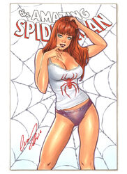 1girls blue_eyes camisole cleavage cocked_hip elias_chatzoudis eyeshadow female female_only finger_to_mouth human human_only large_breasts lipstick looking_at_viewer marvel mary_jane_watson panties pinup purple_panties solo spider-man_(series) themed_clothes