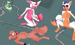 2016 animatronic anthro breasts canine e-01_(artist) female five_nights_at_freddy's five_nights_at_freddy's_2 five_nights_at_freddy's_world fox foxy_(fnaf) fur green_fur group hair hook lolbit_(fnaf) machine mammal mangle_(fnaf) nails nipples nude open_mouth orange_fur penetration pink_fur purple_fur pussy pussy_juice red_fur robot sex simple_background tangle_(fnaf) teeth tentacle vaginal_penetration video_games white_fur yellow_eyes