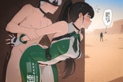 1boy 2girls ai_generated arm_grab arms_behind_back ass big_ass bodysuit desert eve_(stellar_blade) juicepiggy16 long_hair necktie nier nier:_automata nude_male outdoors outdoors_nudity ponytail prison_guard_position sex sex_from_behind short_hair standing standing_sex stealth_sex stellar_blade sweat torn_clothes white_hair yorha_2b yorha_9s