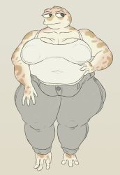 1girls 4_fingers anthro areola areolae bald_female belly big_areola big_areolae big_belly big_breasts big_nipples black_eyes breasts breasts_bigger_than_head chubby chubby_anthro chubby_female clothed clothed_female clothing fat_female female female_only frog frog_girl frog_humanoid front_view hand_on_hip huge_areola huge_areolae huge_belly huge_breasts huge_nipples nipples nipples_visible_through_clothing no_nose original_character pants simple_background singlet solo solo_female standing thick_thighs vr457