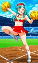 1girls ai_generated aqua_eyes aqua_hair bra_(dragon_ball) cheerleader cheerleader_outfit cheerleader_uniform cleft_of_venus dragon_ball_gt jumping mini_skirt miniskirt no_panties one_eye_closed open_mouth pom_pom_(cheerleading) pussy skirt_lift stadium stadium_background standing_on_one_leg younger_female