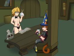 2boys animal_ears book bow bowtie candle cum cum_in_mug disney furniture indoors kingdom_hearts mage male male/male male_only penis penis_out roxas roxasnuggets13 skull sora_(kingdom_hearts) table tail waiter wizard wizard_hat yaoi