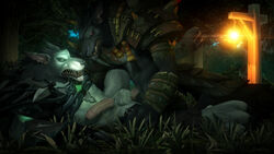 alliance_(warcraft) anal anal_sex balls blizzard_entertainment bottomless canine clothed clothing humanoid_penis liard male mammal outside penetration penis raised_leg sideways source_request video_games warcraft were werewolf worgen world_of_warcraft yaoi