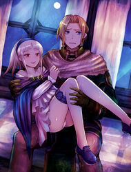 albino blonde_hair blue_eyes bridal_carry cape carrying clothing curtains embarrassed female hairband kara_(color) legs long_legs male moon nash_latkje night night_sky open_mouth panties pantyshot pink_panties red_eyes shoes sierra_mikain silver_hair sky smile star_(sky) starry_sky suikoden suikoden_ii sweatdrop thighhighs thighs underwear upskirt vampire white_legwear window