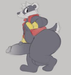 2025 anthro ass badger balls belly big_butt big_penis biped black_body black_nose bradley_(bradley_the_badger) bradley_the_badger bradley_the_badger_(game) covertcanine genitals male mammal mustelid musteline penis simple_background slightly_chubby smile solo source_request standing white_body