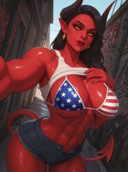 abs ai_generated american_flag_bikini bikini black_hair black_nails demon demon_ears demon_female demon_girl demon_horns demon_tail demoness dispatch_(game) earrings fit fit_female graffiti graffiti_on_wall hi_res high_res high_resolution hires horns lifting_shirt looking_at_viewer malevola_gibb muscular muscular_female pointy_ears red_skin red_skinned red_skinned_female selfie shirt_lift tagme tail toned toned_abs toned_body toned_female yellow_eyes