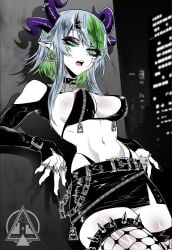 1girls bare_shoulders big_breasts black_and_white black_nails breasts choker city city_background cityscape cleavage clothed clothing demon_girl demon_horns dizzle_tan earrings eyelashes eyeshadow female female_only fishnet_legwear fishnet_stockings fishnets froot goth goth_girl green_eyes green_hair green_pubic_hair grey_hair hairclip horn_piercing horns indie_virtual_youtuber leaning_against_wall leaning_back long_eyelashes long_nails looking_at_viewer looking_down midriff miniskirt multicolored_hair navel open_mouth painted_nails pale-skinned_female pale_skin perky_breasts pointy_breasts pointy_ears pubic_hair pubic_hair_peek revealing_clothes ring ring_(jewelry) short_hair sideboob skirt skyscraper solo streaked_hair thong virtual_youtuber vtuber zipper zipper_bra zipper_top