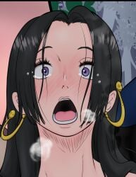 1girls attacked black-haired_female black_hair boa_hancock breath_cloud cross-eyed earrings female female_only mrpheromones nude one_piece open_mouth surprised_expression surprised_face tears