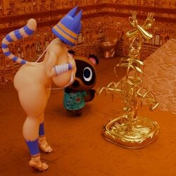1girl 3d animal_crossing ankha_(animal_crossing) barton_(artist) big_breasts blue_hair body_cage bondage bondage_gear bondage_suit clitoris clitoris_piercing gold_(metal) metal metal_bondage nipple_piercing nipples nose_hook nosehook tagme vibrator vibrator_in_pussy