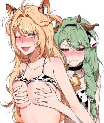 2girls animal_ears animal_print bell bikini black_sclera blonde_hair blue_eyes blush braid braided_ponytail breasts cat_ears colored_sclera cow_ears cow_girl cow_horns cow_print cow_print_bikini cowbell crelly dice_hair_ornament ebiko_(vtuber) fatpenguinz grabbing_another's_breast green_hair grey_sclera groping hair_intakes hair_ornament heterochromia highres horns indie_virtual_youtuber large_breasts long_hair multicolored_hair multiple_girls one_eye_closed open_mouth orange_eyes orange_streaks print_bikini red_eyes seductive_smile shrimp_girl smile streaked_hair swimsuit virtual_youtuber white_background yuri