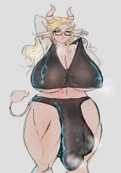 amber_hyne blonde_hair bulge bulge_through_clothing cow_ears cow_girl cow_horns cow_tail futanari huge_breasts huge_cock musk sweat sweating tagme