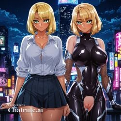 1girl ai_assisted ai_generated armor bare_shoulders black_bodysuit black_skirt blonde_hair city cityscape cleavage clouds collarbone cowboy_shot crotchless curvy dark_theme detailed_pussy dynamic_lighting elbow_gloves fishnets gloves green_eyes high_contrast kagami_hirotaka koukawa_oboro looking_at_viewer neon_lights night night_sky outdoors pleated_skirt school_uniform sleeves_rolled_up soft_shading taimanin_asagi_zero taimanin_suit thigh_gap visible_pussy white_pupils white_shirt