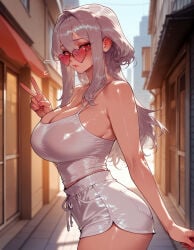 1girl 1girls ai_generated alley ass balecxi bare_shoulders blurry_background blush breasts building camisole cleavage clothing cowboy_shot curvaceous curvaceous_female curvaceous_figure curvy curvy_figure day dolphin_shorts eyewear female female_focus from_side glasses goddess_of_victory:_nikke grey_hair grey_shorts hair_between_eyes heart-shaped_eyewear inviting inviting_to_sex large_breasts lips long_hair looking_at_viewer looking_over_eyewear looking_to_the_side outdoors pink-tinted_eyewear presenting presenting_ass presenting_breasts presenting_hindquarters presenting_self red-tinted_eyewear red_eyes road scarlet_(nikke) seductive seductive_look seductive_smile short_shorts shorts sidelocks solo standing street sunglasses tank_top thick_thighs thighs tinted_eyewear v voluptuous voluptuous_female white_camisole white_shorts white_tank_top