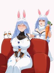2_girls ahegao black_leotard blue_hair blush boobs breasts bunny_ears bunny_girl bunny_suit carrot cleavage couch embarrassed fishnet flushed holding_carrot hololive hololive_japan large_breasts leotard long_hair open_mouth pekomama red_eyes sitting sweat thighhighs twintails usada_pekora white_leotard