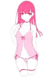1boy androgynous armpit_crease ass_visible_through_thighs bare_shoulders blunt_bangs bow_panties bulge bulge_through_clothing choker closed_mouth collarbone cowboy_shot crossdressing cutoffs ears eyebrows_visible_through_hair femboy femenine_male girly hand_behind_back hand_on_shoulder hand_up lingerie long_hair looking_at_viewer male male_focus male_only monochrome negligee original panties pink_theme portrait see-through see-through_clothes see-through_clothing side-tie_panties simple_background sleepwear smile solo solo_male standing straight_hair string_panties tawapo thighhighs thighs underwear very_high_resolution white_background