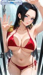 1girls 2026 against_glass ai_assisted ai_generated anime bikini black_hair blue_eyes boa boa_hancock boobs breast_press breasts breasts_on_glass bust earrings hancock hi_res high_quality high_resolution highres jewelry long_hair one_piece patreon patreon_username red_bikini side-tie_bikini skypassion solo stable_diffusion swimsuit tits watermark waving