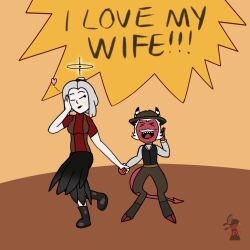 !!! 1boy 1boy1girl 1girl1boy 1girls 4_fingers angel angel_girl angel_wings blind_peacock_draws blind_peacock_draws_(artist) blush blush_lines blushing boots clothed couple couple_(romantic) couple_love cute eyes_closed feathered_dress feathered_wings goatee halo hazbin_hotel hazbin_hotel_oc heart heart_symbol hellaverse helluva_boss helluva_boss_oc hooves horns imp imp_horns imp_male imp_tail married_couple married_female married_male married_woman miriam_(blindpeacockdraws) mouth_open mustache original original_art original_artwork original_characters reference_image sfw sharp_teeth tagme tail tied_hair watermark white_hair windego_(blindpeacockdraws) yelling yelling_at_viewer