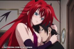 1boy 1girl ahoge ai ai_art ai_generated areola_slip black_hair blue_eyes blush breasts covered_nipples demon_girl demon_tail detached_sleeves facial_hair green_eyes hetero high_school_dxd horns hug huge_ahoge large_breasts long_hair nipples red_hair rias_gremory smile tail