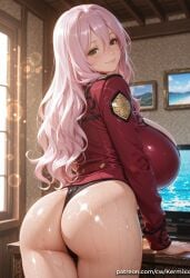1girl ai_generated ass bangs blush breasts closed_mouth from_behind green_eyes hair_between_eyes huge_breasts indoors jacket kermixx kyonyuu_fantasy long_hair long_sleeves looking_at_viewer looking_back pink_hair red_jacket shiny shiny_skin smile solo tenma_cecile wet window