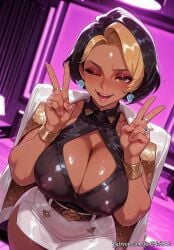 1girl 2026 ai_generated anime black_hair blizzard_entertainment blonde_hair blush boobs bracelet breasts brown_eyes cleavage cleavage_cutout clothing_cutout covered_nipples crossover dark-skinned_female dark_skin domina domina_(overwatch) double_v earrings eye_contact female female_focus flushed highres huge_breasts jacket jacket_on_shoulders jewelry large_breasts looking_at_viewer makeup moaning multicolored_hair nsfw one_eye_closed open_mouth overwatch patreon ring rognezart see-through shiny shiny_skin short_hair skirt smile smiling solo two-tone_hair v white_skirt