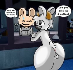 2boys animal_hospital anus balls barney_(animal_hospital) beanie_hat big_ass big_thighs black_eyes bunny_ears bunny_tail grey_hoodie intern_(animal_hospital) looking_at_another mustache nude_male orange_fur rabbit smile text_bubble white_fur