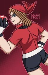 1girls ass bandana big_ass bike_shorts black_shorts blue_eyes brown_hair fat_ass female female_only fully_clothed game_freak gloves hand_on_hip human human_only looking_at_viewer looking_back may_(pokemon) may_(pokemon_rs) nintendo pokeball pokemon pokemon_rse red_background red_theme shorts sideboob smile smirk spandex spandex_shorts thighs tight_clothing