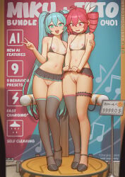 2girls :d ahoge aqua_eyes aqua_hair aqua_pubic_hair bartolomeobari black_shoes black_skirt black_thighhighs blush breasts cleft_of_venus colored_pubic_hair commentary drill_hair english_commentary english_text female female_only female_pubic_hair full_body hair_ribbon hatsune_miku highres kasane_teto legs long_hair looking_at_viewer microskirt multiple_girls nipples no_panties open_mouth pink_pubic_hair pubic_hair pussy red_eyes red_hair ribbon shoes single_thighhigh skirt small_breasts smile sparse_pubic_hair standing strappy_heels thighhighs twin_drills twintails uncensored utau vocaloid white_ribbon