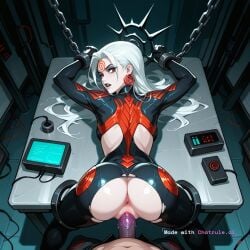 1girl ai_assisted ai_generated close dark_lipstick doggystyle dominated earrings eyeshadow facing_away facing_viewer female_only forced_orgasm harder hela high_quality highres jewelry long_hair looking_over_shoulder mature_female mouth_open pale_skin petite_body red_earrings red_eyes white_hair