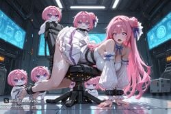 ai_generated all_fours bangs bare_shoulders blush breasts chibi cleavage clone detached_sleeves doro_(nikke) dorothy_(nikke) dress goddess_of_victory:_nikke hair_bun large_breasts long_hair multiple_girls nikke open_mouth pink_hair purple_eyes restrained villain_party69 white_dress