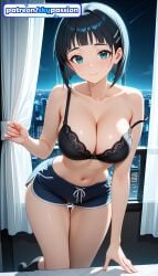 1girls 2026 ai_assisted ai_generated anime black_hair boobs bra breasts bust curtains hair_ornament hairclip hi_res high_quality high_resolution highres kirigaya_suguha navel night night_sky patreon patreon_username short_hair sky skypassion stable_diffusion sword_art_online sword_art_online:_alicization tits underwear watermark window