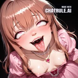1girl ahegao_face ai_assisted ai_generated brown_hair detailed_face high_angle huge_eyes long_hair naked necklace petite_breasts pink_dress pink_eyes puffy_sleeves small_breasts smile solo source_anime visible_breasts visible_nipples